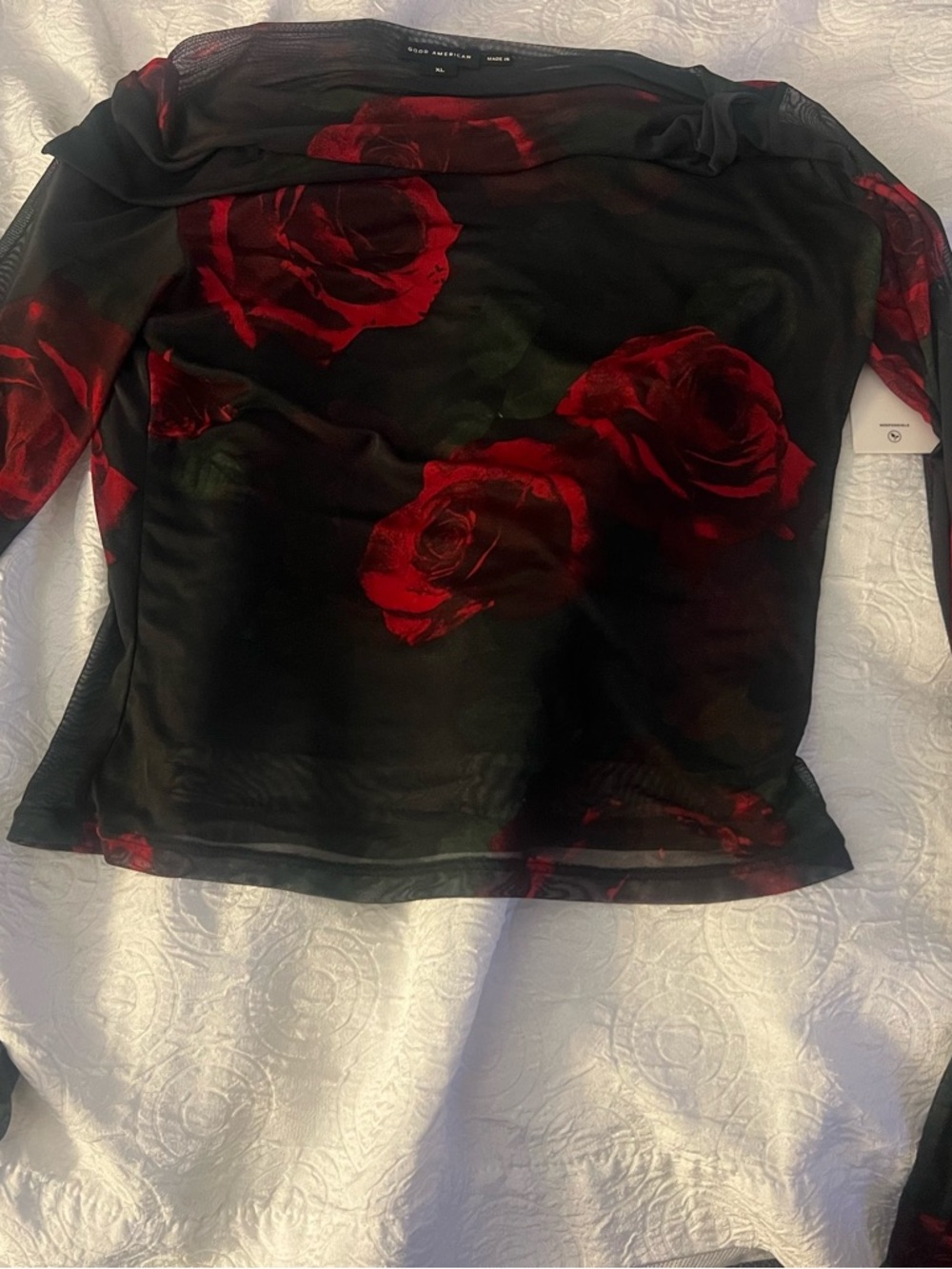 Good American Black Sheer Long-Sleeve Top with Red Rose Print